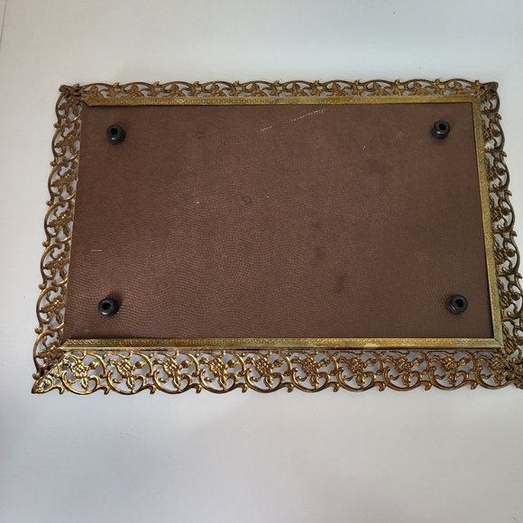 Vintage Ornate Openwork Brass Tone Metal Mirrored Vanity Tray - Picture 10 of 16